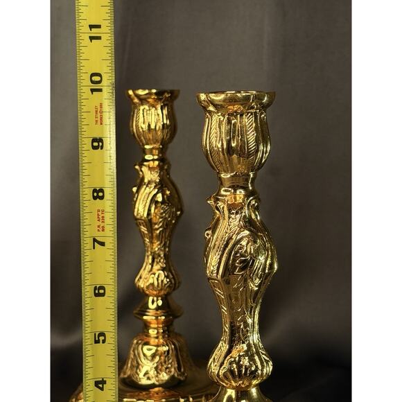 Solid Brass Candlestick Pair 10” Heavy Gold Finish Vintage French Style - Picture 11 of 14